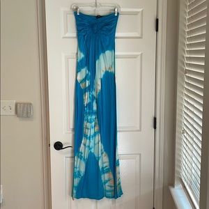 strapless blue maxi dress with tie dye and crochet